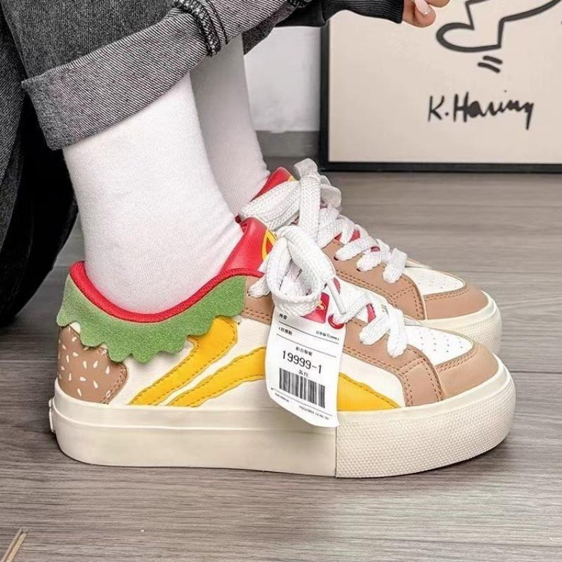 Spring, Summer, Autumn and Winter Women's Shoes, Women's Sneakers, White Shoes, Hamburger Style, Low-top Round-toe Lace-up Sneakers