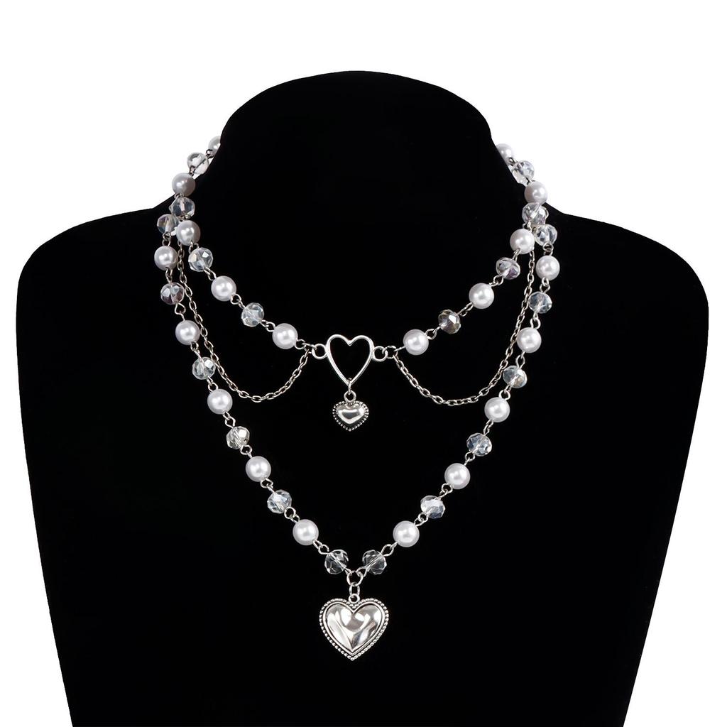 European and American Fashion Multi-layer Heart and Pearl Tassel Necklace for Women