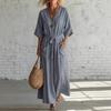 Summer Elegant Minimalist Cotton Linen V-neck Mid-sleeve Solid Color Breathable Waisted Wide Swing Long Dress