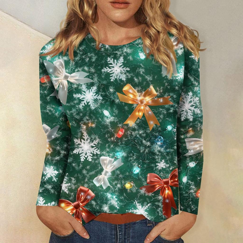 3D Christmas Snowflake Gradient Print Round Neck Long Sleeve T-shirt Casual Long Sleeve Top Party Loose Women's Top