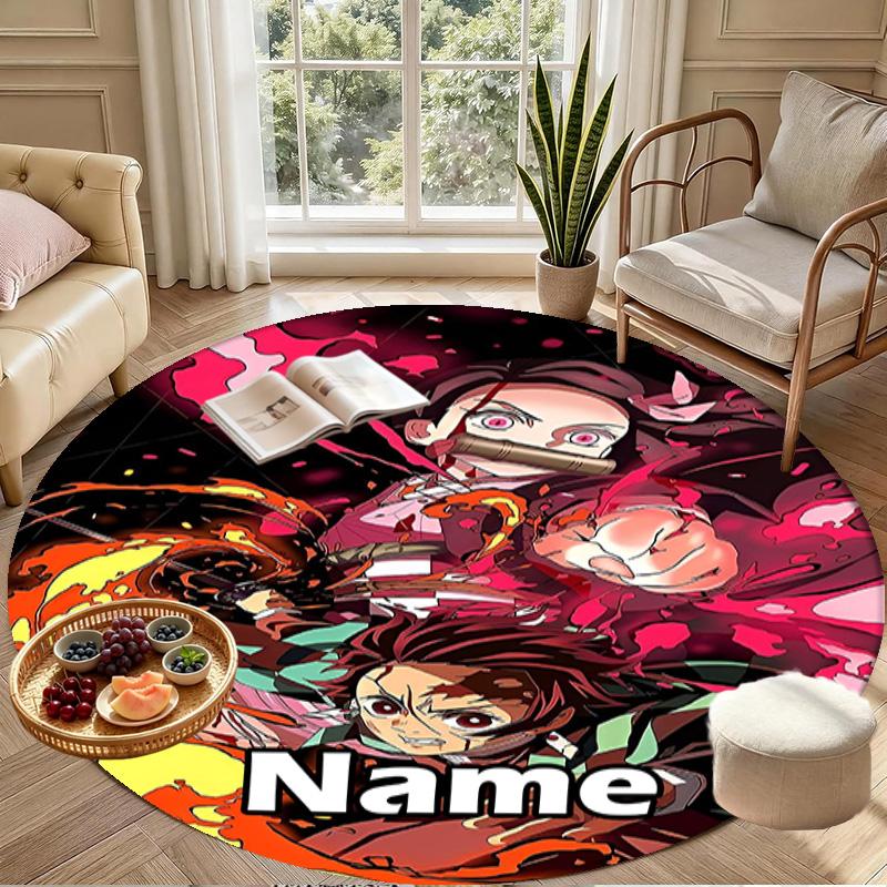 Custom Name Personalized Demon Slayer Print Round Rug, Versatile Home Decor Carpet, for Playroom, Apartment, Balcony, Entryway, Hallway Gift