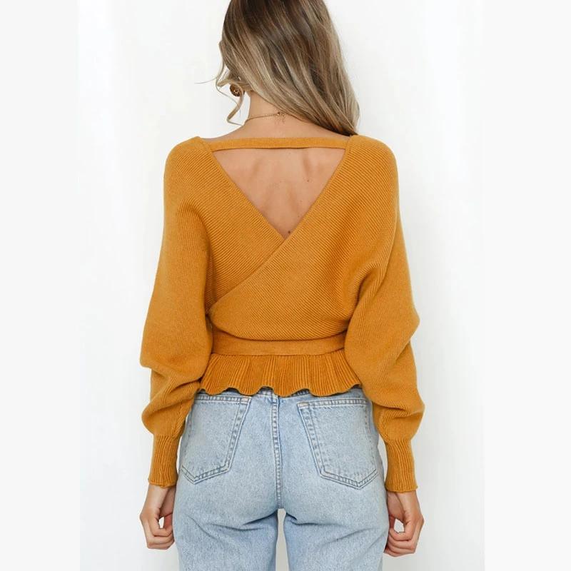 Office Lady Solid Color Tops Autumn Winter Sexy V-neck Back Strap Pullover Women Elegant Fashion Sweater Loose Clothes  28267