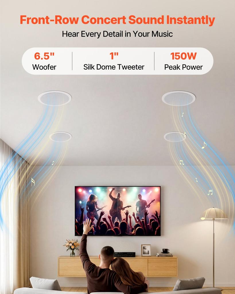 Bluetooth Ceiling Speakers, 165.1 mm, In Ceiling & In-Wall Speaker System with Amplifier, 2-Way, for Damp Humid Placement, Home Theater, Covered