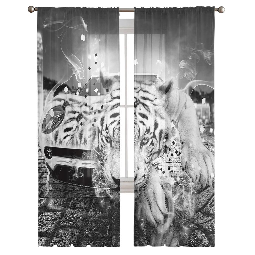 Tiger Car Street Black And White Tulle Window Curtains Living Room Organza Sheer Voile Curtain Bedroom Kitchen Home Decor Drape