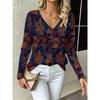 Sommer Damen 3D-Druck V-Ausschnitt Langarm T-Shirt Mode Vielseitig Atmungsaktiv Trend Lässig