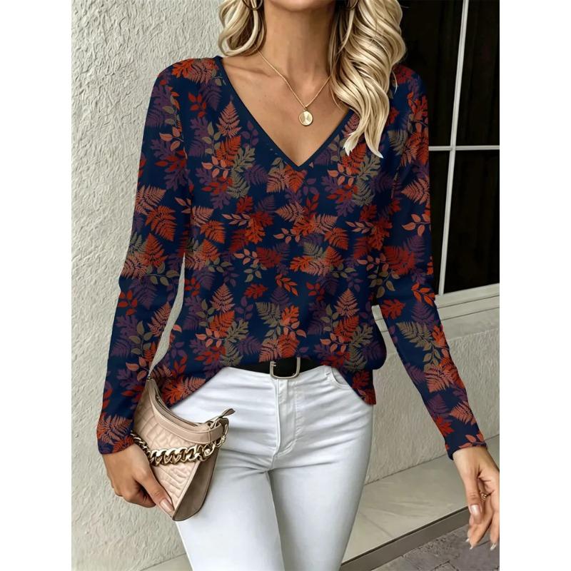 Sommer Damen 3D-Druck V-Ausschnitt Langarm T-Shirt Mode Vielseitig Atmungsaktiv Trend Lässig
