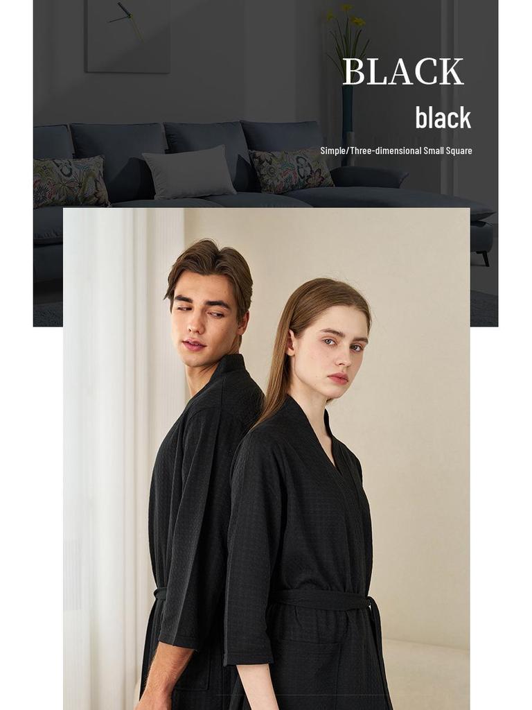 Women's Plus Size Quick-Dry Black Waffle Bathrobe with Three-Quarter Sleeves - Summer Thin