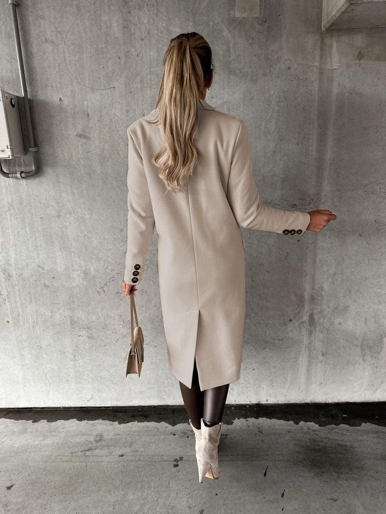 Women's Spring 2025 Versatile Woolen Double-Breasted Long Sleeve Coat with Welt Pockets