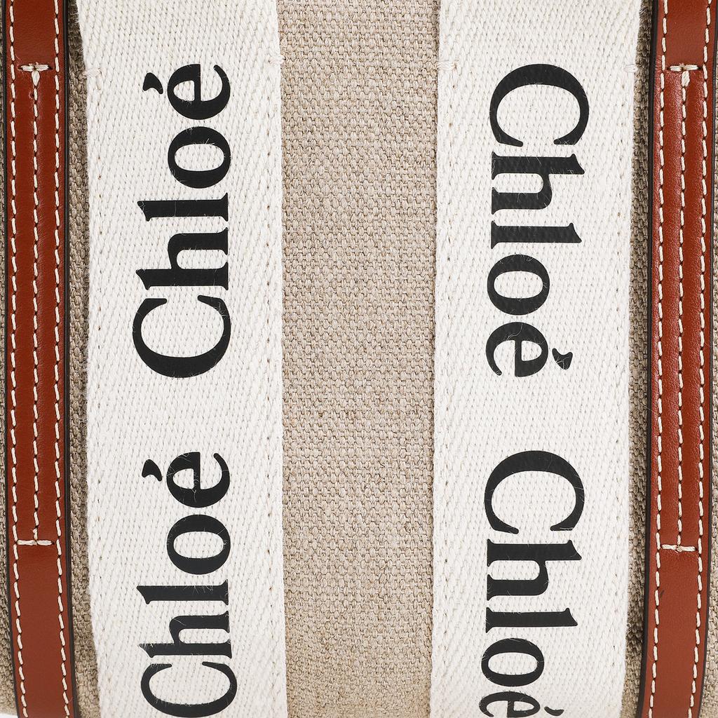 Chloe Woody Logo Print Linen Canvas And Calfskin Tote Bag Women Tote Bags Beige Brown CHC22AP237I2690U