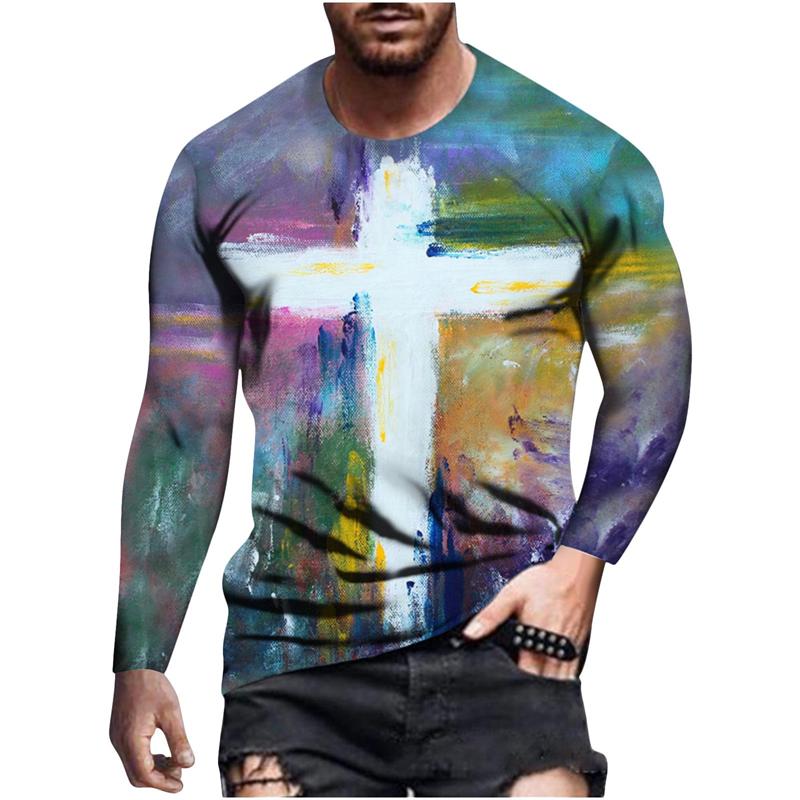 Jesus Cross 3D Print T-Shirts Men's Round Neck Long Sleeve T Shirt Streetwear Harajuku Y2k Hip Pop Street Wear Tops Mens Clothes
