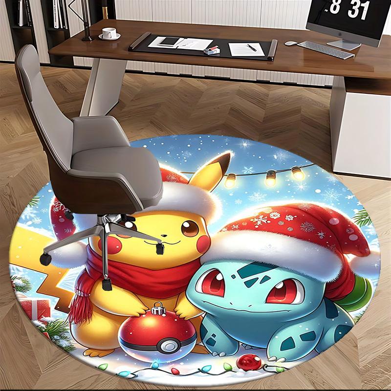 1pc Christmas Pikachu & Squirtle Anime Design Round Carpet - Office Chair Mat, Non-Slip Rug for Home Decor, Living Room, Bedroom