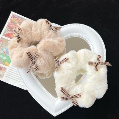 Winter Warm Soft Hair Scrunchies for Women Girl Cute Plush Elastic Hair Band with Bow Rubber Band Hair Accessories