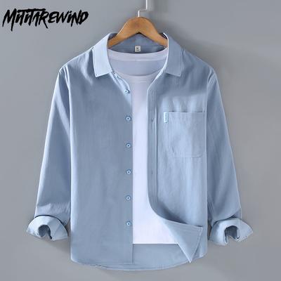Frühling Herbst 100% Baumwolle Herrenhemd Täglicher Freizeit-Top Umlegekragen Einfarbig Langarmhemd mit Tasche Schlichter Stil Herrenbekleidung