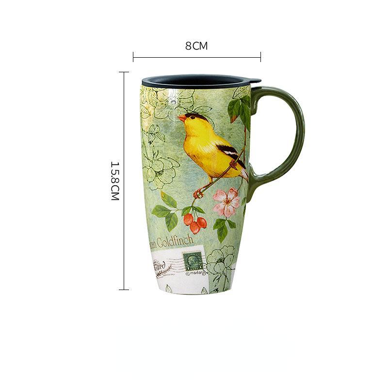 Vysoký keramický hrnek s víčkem Kreativní květinový potisk Krásné kávové hrnky na čaj Mléko, Velký objem Domácí kancelář, 500 ml, 1 ks
