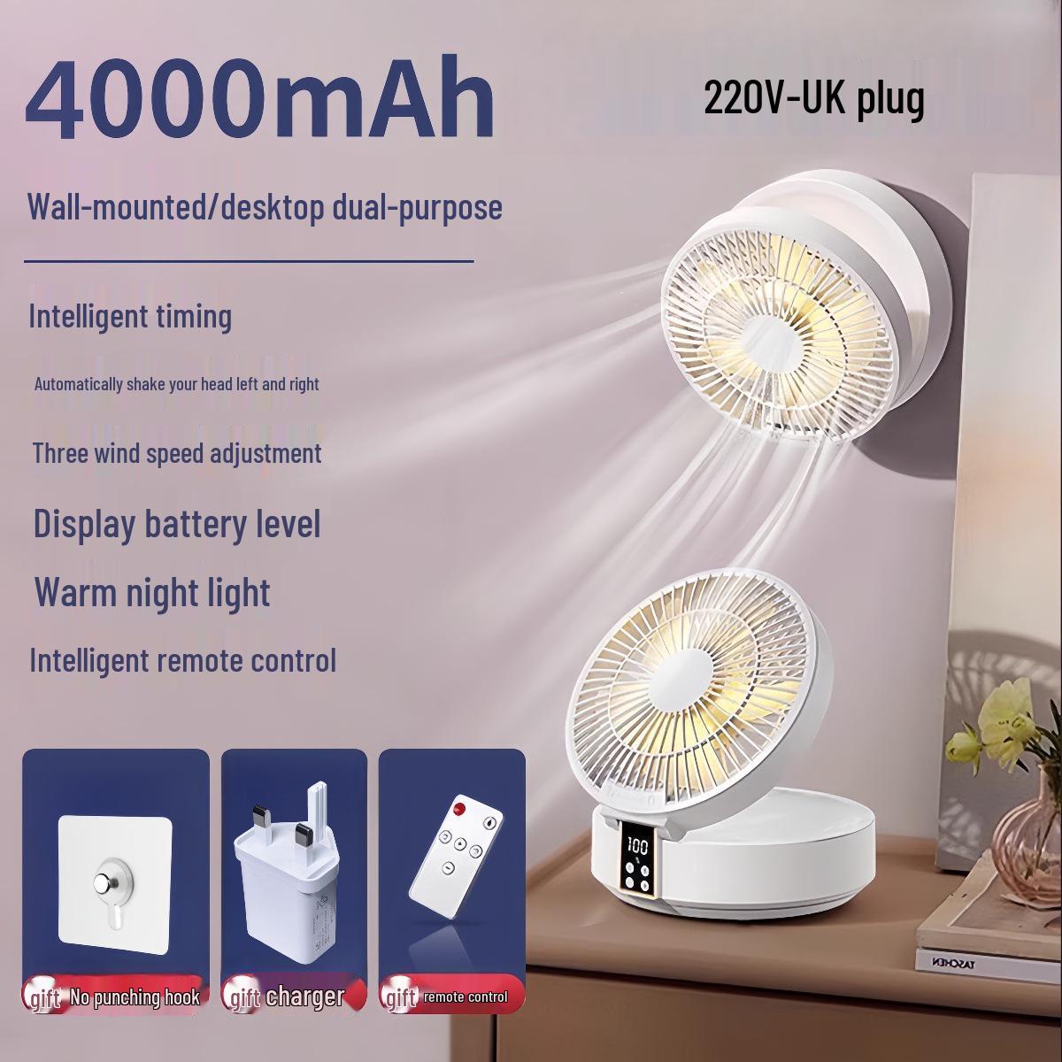 

110V Electric Desktop Fan with USB Charging & Remote Control, Suitable for Dorms and Offices (US Standard) 4000mAh Battery