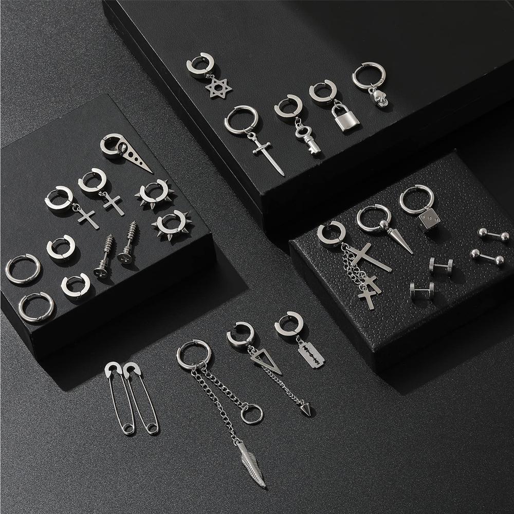 Set di 2 orecchini a cerchio pendenti con catena lunga a croce in acciaio inossidabile per uomo donna Regali Tono Nero/Argento
