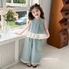 Girls Summer Denim 2 Piece Set Sleeveless Top With Stylish Wide Leg Pants Thin Baby Outfit