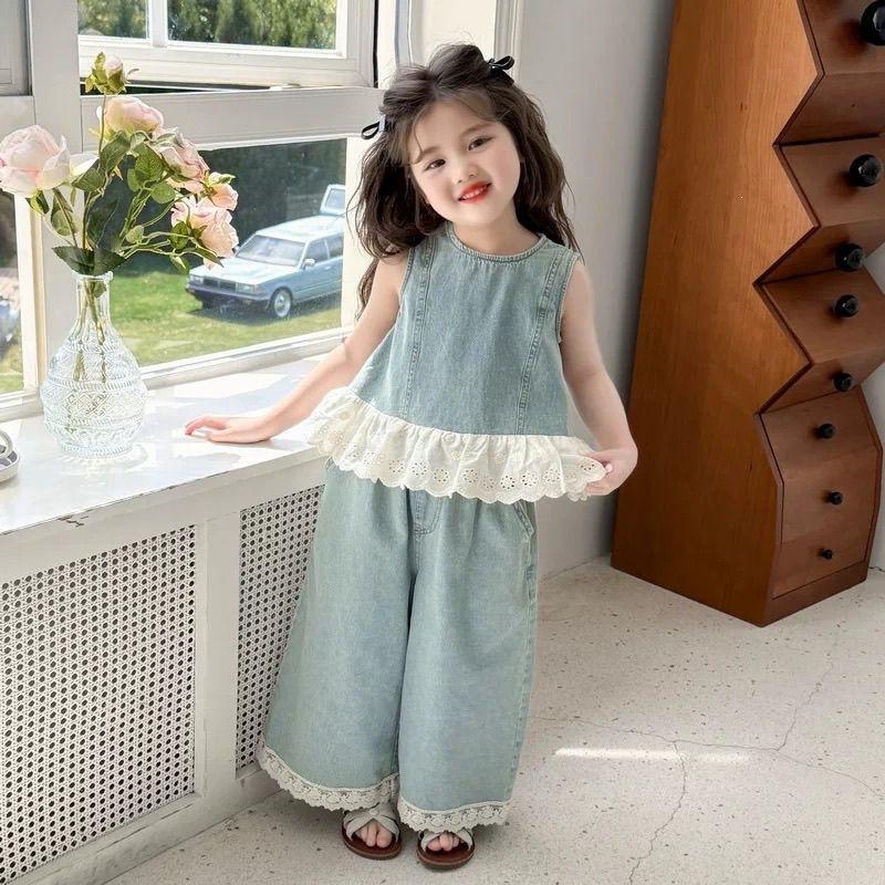 Girls Summer Denim 2 Piece Set Sleeveless Top With Stylish Wide Leg Pants Thin Baby Outfit