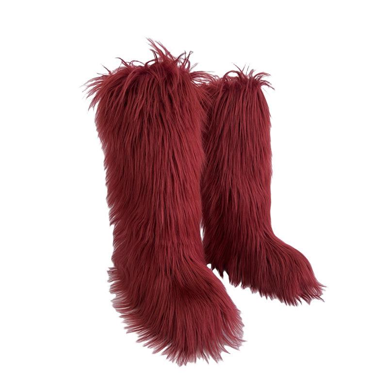 Faux Fur Snow Boot for Women Winter Warm Fluffy Long Furry Long Boots Women's Outdoor Fuzzy Knee-High Boots Plush Warm Snow Shoes for Outdoor Indoor