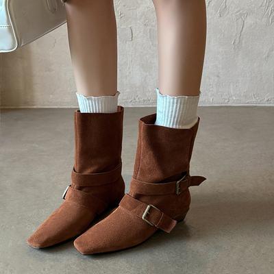 Fashion 2025 New Retro Women Cow Suede Calf Boots Western Boots Autumn Winter Square Toe Buckle Decoration Thick Heels Boots Women