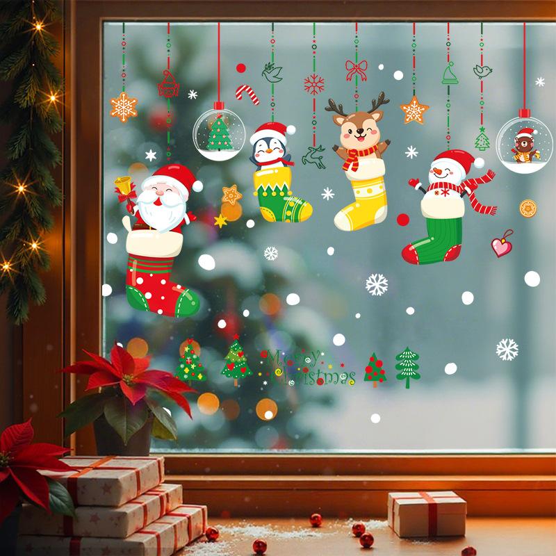 Christmas Socks, Holiday Decorations, Electrostatic Glass Doors, Shop and Restaurant Entrance Decorations, Snowman Window Stickers