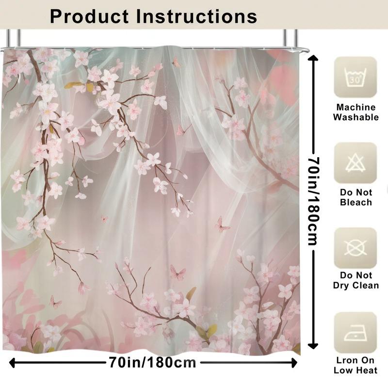 1 Stück Kirschblüte und Schmetterling Polyester Duschvorhang - Blumendruck Badezimmerdekor mit Haken, Maschinenwaschbar