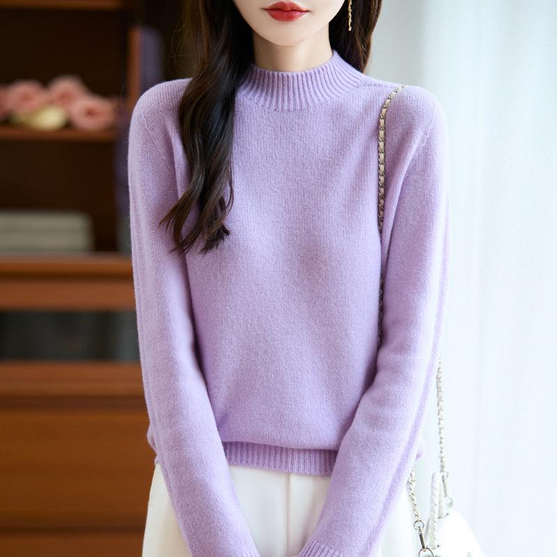 Women's 25% Pure Wool Seamless Half-High Collar Sweater - Autumn/Winter Warm Base Layer Knitwear