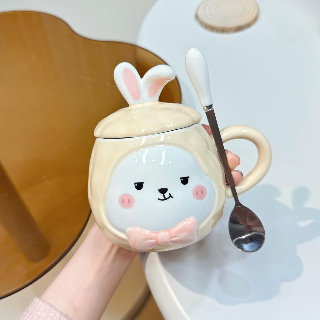 Cute Ceramic 3D Cartoon Rabbit Bunny Coffee Mug with Rabbit Ear Lid and Carrot Spoon, Fun and Novelty Gift for Women Girls