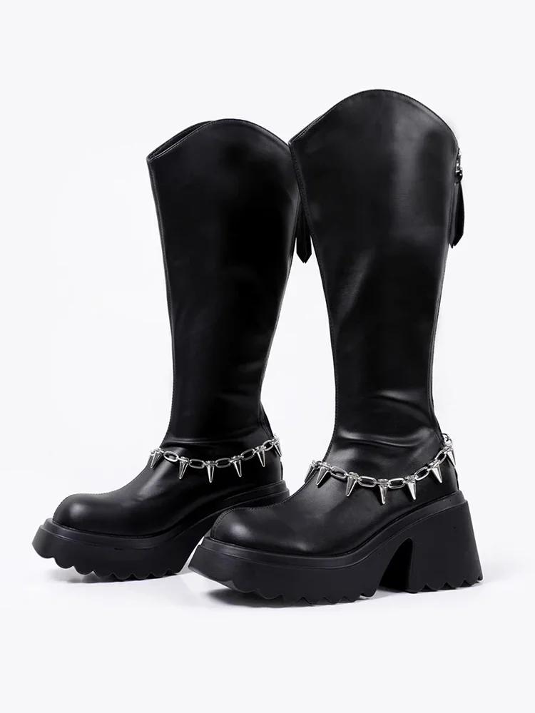 

Бахрома Плоская платформа Снежные высокие ботинки Женские Массивные До колена Кожаные ботинки Зима Новые 2025 Дизайнерские Панк Мотоциклетные ботинки 35 чёрный