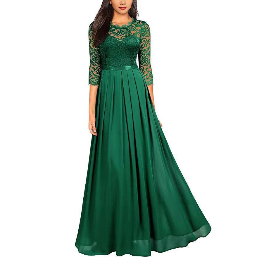 European Chiffon and Lace Round Neck Evening Dress for Women