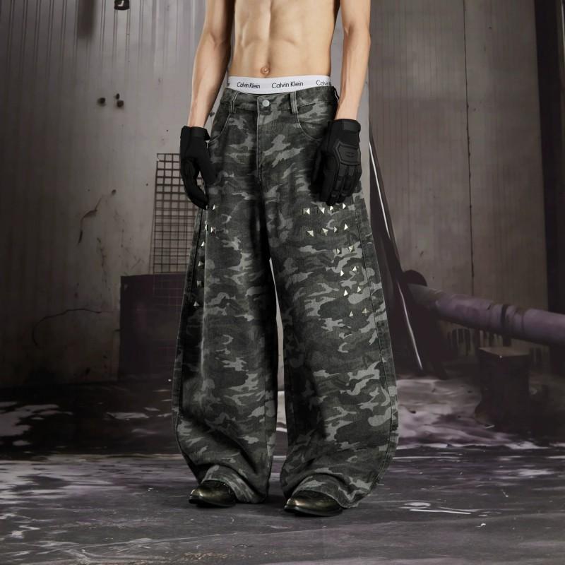 American Street Camo Wide Leg Jeans Loose Fit Casual Dance Pants Men Women