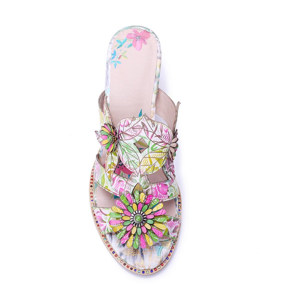 Johnature Retro Three-dimensional Flower Colored Fashion Slippers Genuine Leather Printed Coarse Heel Sandals