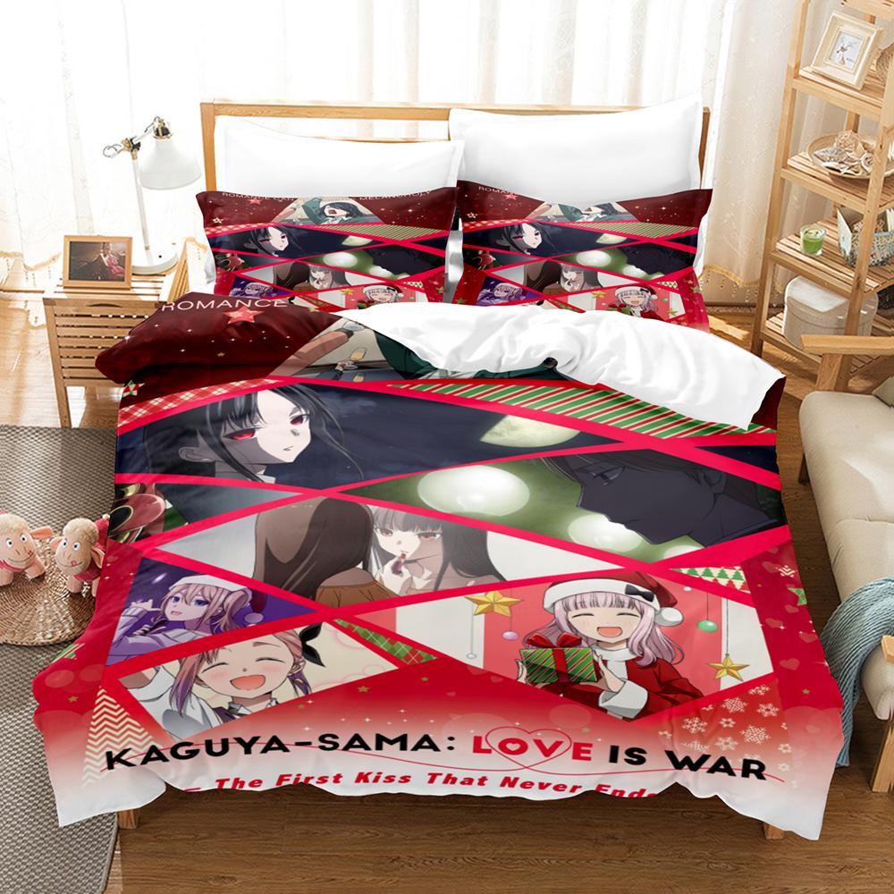 Kaguya Sama Love Is War Bettwäsche-Set 3-teilig Kaguya und Miyuki Herzform Roter Hintergrund Anime-Print Bettbezug Alle Größen