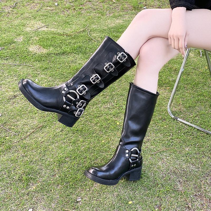 Belt buckle thick heel brown martin boots women's autumn retro knee boots western boots knight fashion boots