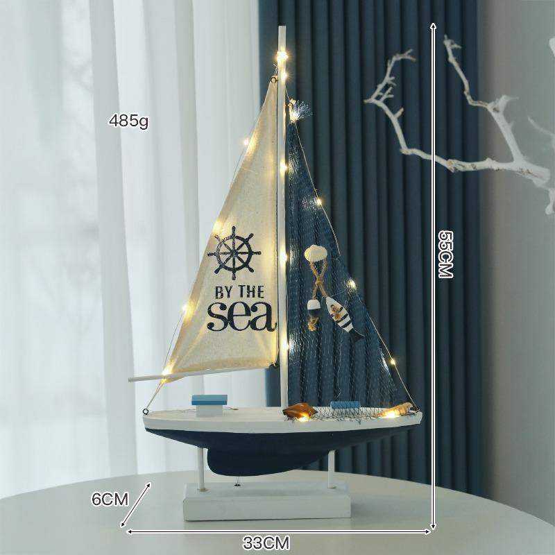 LED Wooden Sailboat Model, Nautical Mediterranean Style Home Decor, Coastal Sea Theme Tabletop Boat Ornament, Sailing Ship Gift
