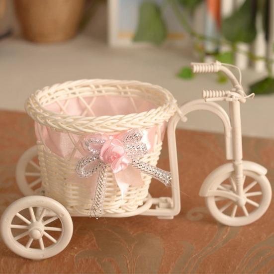 Tricycle Flower Basket Imitation Rattan Woven Decorative Candy Serving Basket Tricycle Planter Flower Holder for Floral Arrangement Party