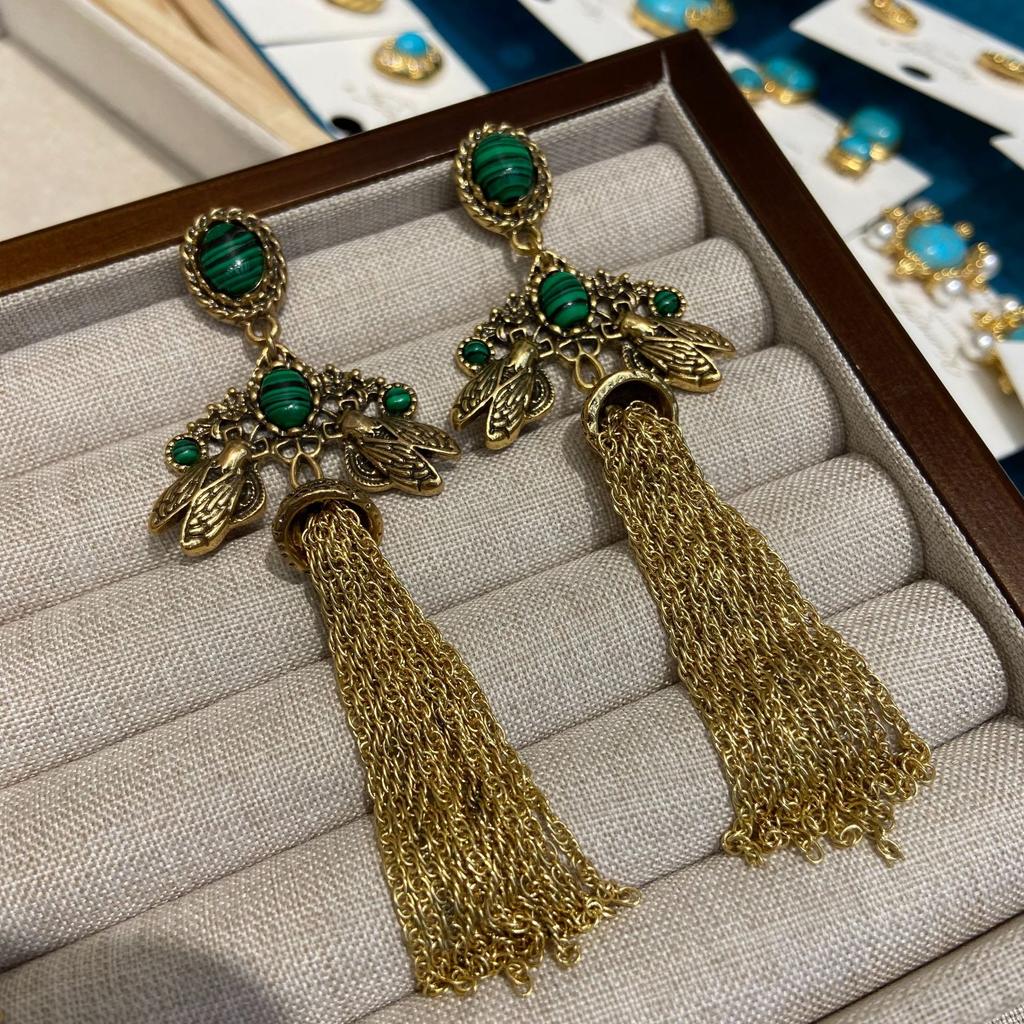 Hot-Selling Natural Turquoise Medieval Vintage Earrings Women'S Retro Personality Niche Fringed Earrings Earrings