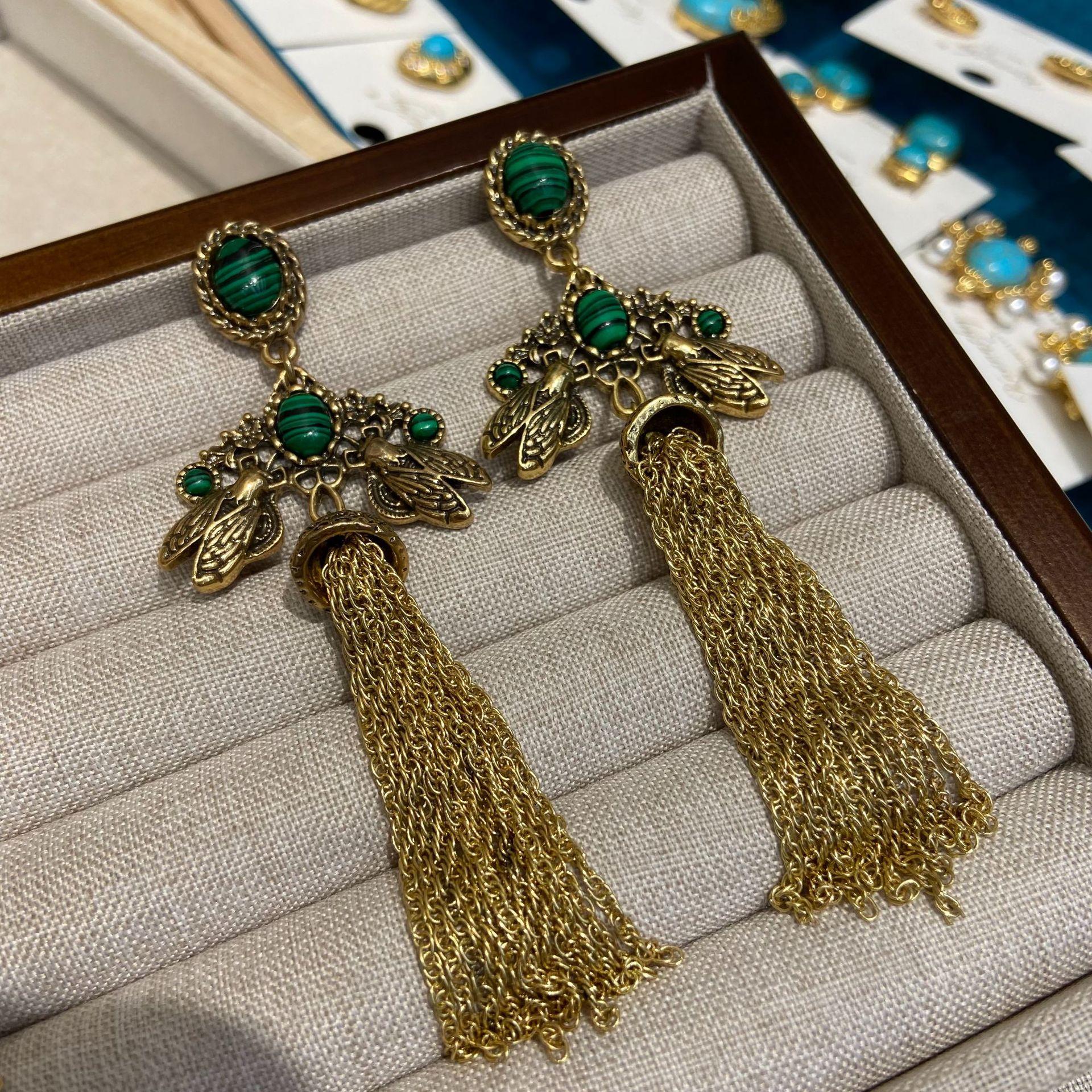 

Hot-Selling Natural Turquoise Medieval Vintage Earrings Women S Retro Personality Niche Fringed Earrings Earrings
