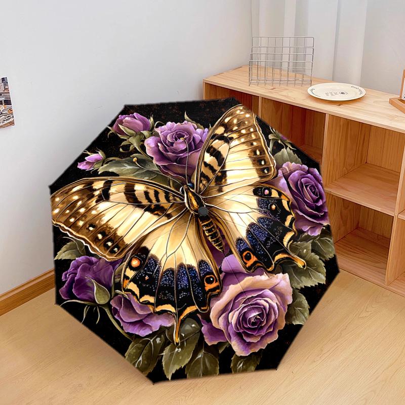 1 PC Automatic Folding Umbrella - Butterfly and Roses Pattern, Portable & Foldable Design with 8 Ribs, Christmas Birthday Gifts