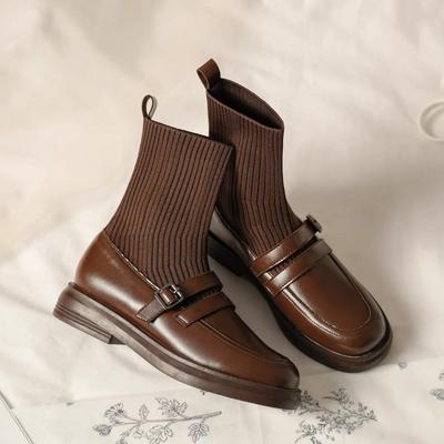 Herbst Neue Gespleißte Ärmel Einzelstiefel Damenmode Runde Zehe Metallschnalle Weiche Sohle Rutschfest Verschleißfest Sockenstiefel