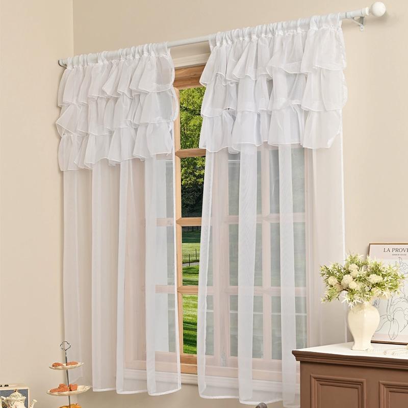 1PC Home Decor Bedroom Door Sheer Curtains French Window Curtain Rococo Rod Pocket Design for Living Room 3-Bar Ruffled