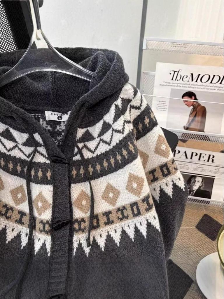 Unisex Fair Isle Horn Button Hooded Knit Cardigan Coat - Autumn/Winter Korean Style