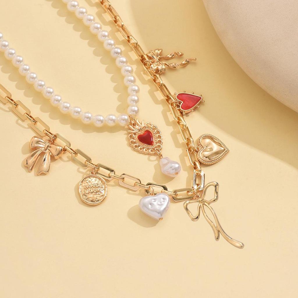 Double-Layer Imitation Pearl Necklace with Bow and Heart Pendants