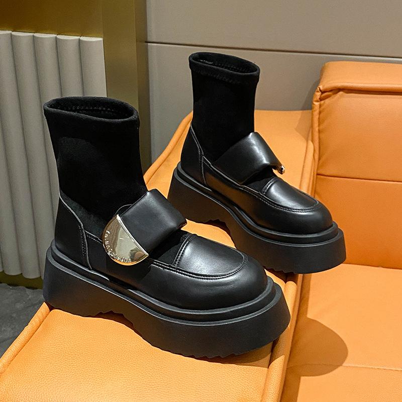 

Retro thick-soled round head Korean version elastic fashion boots women s 2024 autumn new British style thin short socks boots 35 чорний