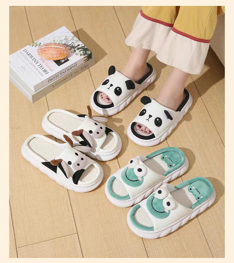 Roztomilé bavlněné a lněné pantofle s pandou: Měkký, Protiskluzový, Savý pot, Čtyřsezónní design pro páry