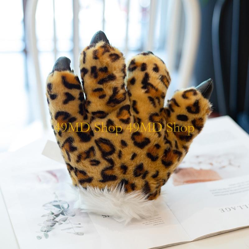 49MD Adult Kids Simulation Leopard Paw Plush Gloves Animal Stuffed Padded Hand Warmer Cosplay Costume Mittens