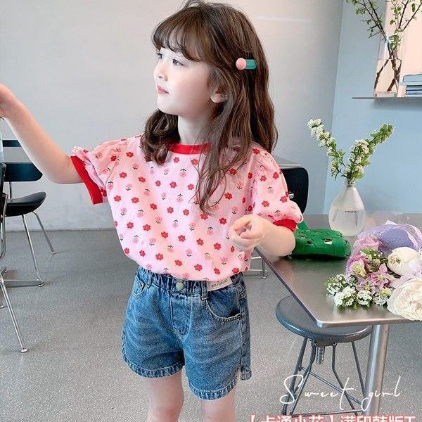 Girls Summer Short Sleeve T Shirt Korean Floral Print Cute Top 100