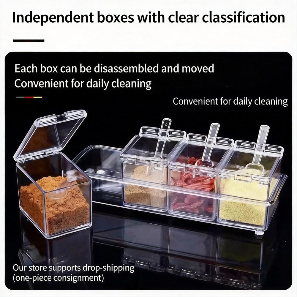 4-Grid Seasoning Jar High-Quality Condiment Storage Container Modular Spice Holder Dust-Proof Seasoning Box For Home Cooking Bbq