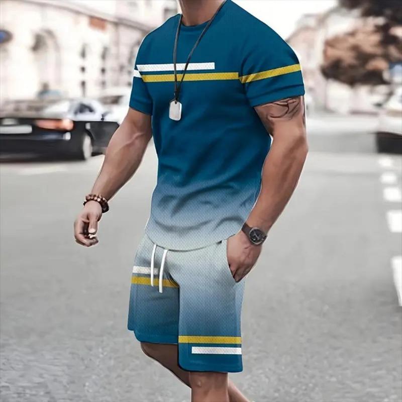 Summer Fashion Casual Men's Suit Gradient 3D Printed Sportswear Short-sleeved Suit Oversized Round Neck T-shirt Shorts 2-piece