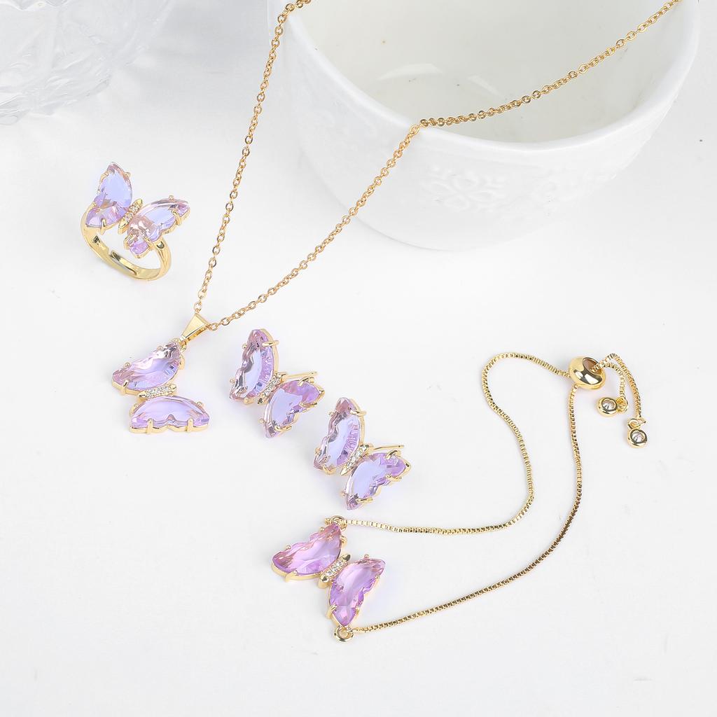 4pcs Creative 21 Colors Crystal Zirconia Butterfly Bracelet Necklace Earrings Ring Jewelry Set Luxury For Woman Party Jewelry